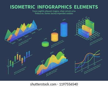 Isometric infographics. Presentation graphics, statistics data layer charts and marketing bar diagrams. 3d isometric vector design. 3d visualization, finance infomation time line illustration