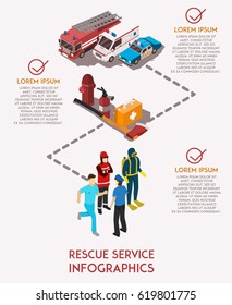 Isometric infographics with text field rescue service workers their cars and equipment vector illustration