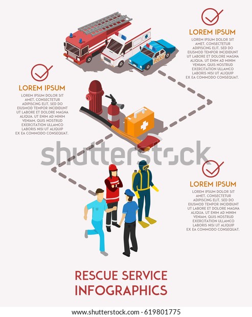 Isometric infographics with\
text field rescue service workers their cars and equipment vector\
illustration