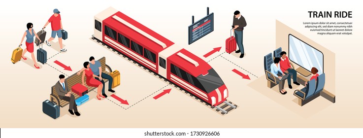 Isometric Infographics With Train And People Waiting At Railway Station 3d Vector Illustration