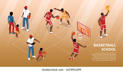 Isometric infographics with trainer and players at basketball school 3d vector illustration