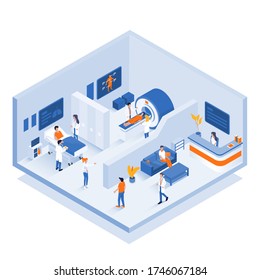 Isometric Infographics of virtual medical clinic with rooms. Innovative healthcare concept. Can be used for presentations banner, workflow layout, info graph. Vector Illustration
