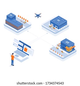 Isometric Infographics of Warehouse and Logistic. Innovative Delivery concept. Can be used for presentations banner, workflow layout, info graph. Vector Illustration