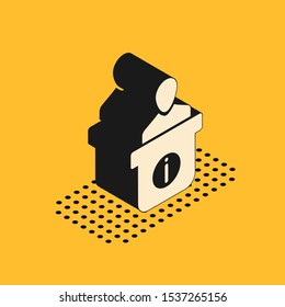Isometric Information desk icon isolated on yellow background. Man silhouette standing at information desk. Help person symbol. Information counter.  Vector Illustration