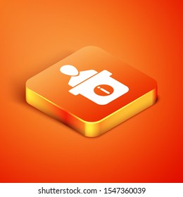 Isometric Information desk icon isolated on orange background. Man silhouette standing at information desk. Help person symbol. Information counter.  Vector Illustration