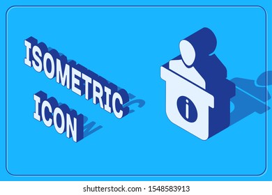 Isometric Information desk icon isolated on blue background. Man silhouette standing at information desk. Help person symbol. Information counter.  Vector Illustration