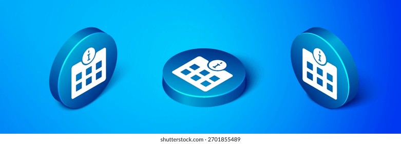 Ícone de informações isométricas isolado no plano de fundo azul. Botão de círculo azul. Vetor