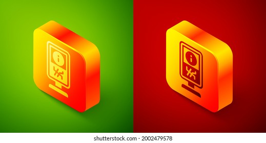 Isometric Information stand icon isolated on green and red background. Square button. Vector