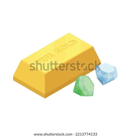 Isometric ingot of fine gold and two diamonds on white background 3d vector illustration
