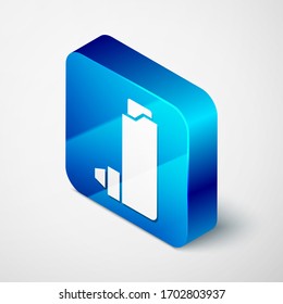 Icono de inhalador isométrico aislado en fondo gris. Respirar para el alivio de la tos, inhalación, paciente alérgico. Botón cuadrado azul. Ilustración vectorial