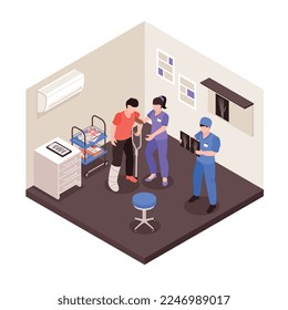 Composición aislada del traumatólogo de lesiones isométricas con visión interior del hospital con médicos y pacientes en muletas ilustraciones vectoriales