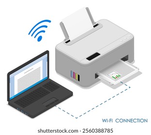 Isometric inkjet printer connected to laptop by WiFi network. Printing documents in office. Realistic 3D vector concept isolated on white background