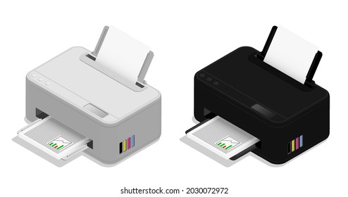 Isometric inkjet printer. Printing documents in office using copiers. Realistic 3D vector isolated on white background