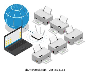 Isometric inkjet printers united into single network. Printing documents in office of industrial printing house using copiers. Realistic 3D vector concept isolated on white background