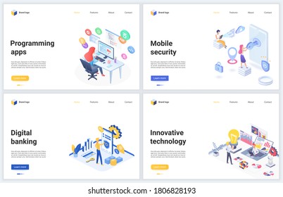 Isometric innovadora aplicación bancaria ilustraciones vectoriales de tecnología digital. Caricatura 3d banner de diseño de páginas web móviles para el servicio de finanzas de seguridad, innovaciones en codificación, programación de aplicaciones bancarias
