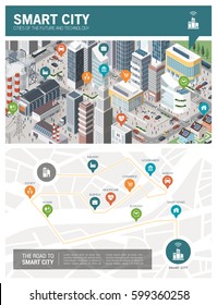 Isometric innovative smart city infographic with pins and conceptual map: urban development, sustainability and technology concept