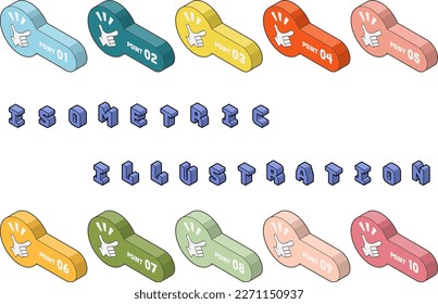 Isometric inspirational hand sign and point icon set. Accent material for infographics and other designs. Main lines are available.
