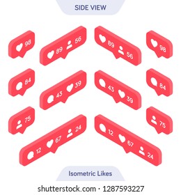 Isometric Instagram Likes. instagram like, isometric icon, pink 3d design illustration of the notification on the social media. Isometric Comments, Likes and Followers.