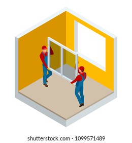 Isometric installation of windows in the house or apartment concept. Two workers in blue work clothes set a new window in the window frame. Construction building industry, new home