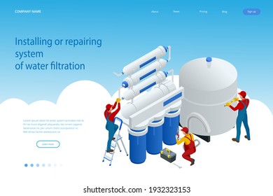 Isometric installing or repairing system of water filtration at home concept. Fix purification osmosis system. Drinking water. Sanitary work. Engineering networks in the house.