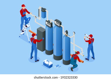 Isometric installing or repairing system of water filtration at home concept. Fix purification osmosis system. Drinking water. Sanitary work. Engineering networks in the house.