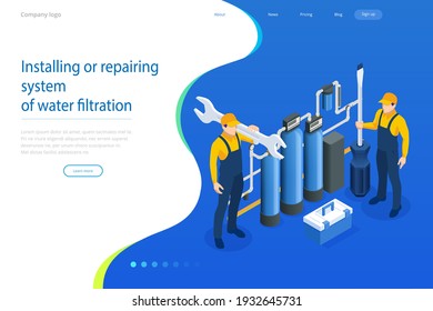 Isometric installing or repairing system of water filtration at home concept. Fix purification osmosis system. Drinking water. Sanitary work. Engineering networks in the house.