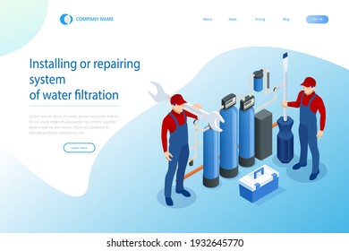 Isometric installing or repairing system of water filtration at home concept. Fix purification osmosis system. Drinking water. Sanitary work. Engineering networks in the house.