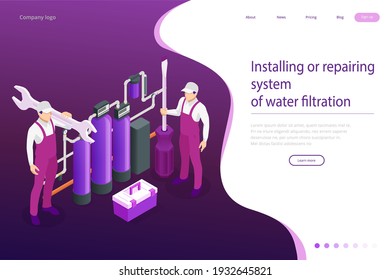 Isometric installing or repairing system of water filtration at home concept. Fix purification osmosis system. Drinking water. Sanitary work. Engineering networks in the house.