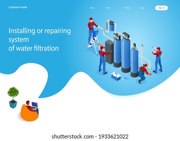 Isometric installing or repairing system of water filtration at home concept. Fix purification osmosis system. Drinking water. Sanitary work. Engineering networks in the house.