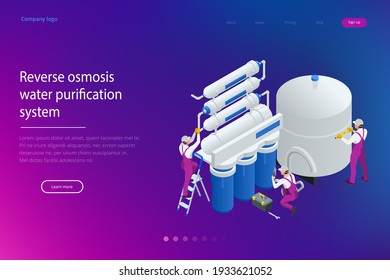 Isometric installing or repairing system of water filtration at home concept. Fix purification osmosis system. Drinking water. Sanitary work. Engineering networks in the house.