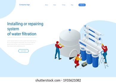 Isometric installing or repairing system of water filtration at home concept. Fix purification osmosis system. Drinking water. Sanitary work. Engineering networks in the house.