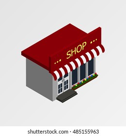 Isometric insulated gray store with the red roof. Vector illustration.