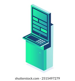 Quiosque interativo isométrico. Terminal de autoatendimento em banco ou em estação de trem isolado sobre fundo branco. Fornecimento de informações. Ilustração vetorial.