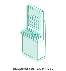 Quiosco interactivo isométrico. Terminal de autoservicio en el banco o en la estación de tren aislado sobre fondo blanco. Proporcionar información. Ilustración vectorial.