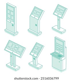 Conjunto de quiosco interactivo isométrico. Terminal de autoservicio en el banco o en la estación de tren aislado sobre fondo blanco. Proporcionar información. Ilustración vectorial.