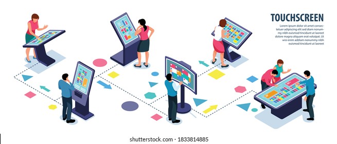 Usuarios interactivos isométricos: infografías de pantalla táctil con personajes humanos que tocan pantallas grandes con figuras geométricas e ilustración vectorial de texto