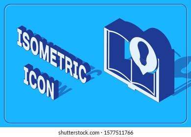 Isometric Interesting facts icon isolated on blue background. Book or article and light bulb.  Vector Illustration