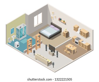 Isometric interior apartment vector illustration modern set of bathroom, kitchen, living room, bedroom.