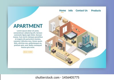 Isometric interior apartment vector illustration modern set of bathroom, kitchen, living room, bedroom banner.