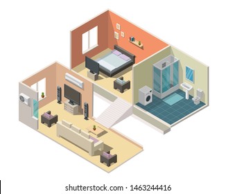 Isometric interior apartment vector illustration modern set of bathroom, kitchen, living room, bedroom.