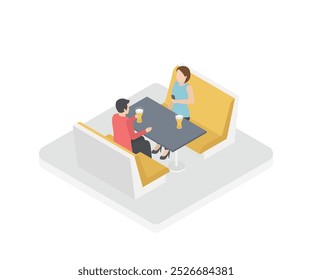 Isometric interior of bar or coffee shop. flat 3D isometric design interior cafe or restaurant. People sit at tables and drink or eat. Concept illustration of the room.