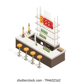 Isometric interior of beer bars on a white background. Sale of alcoholic beverages in bottles and cans.