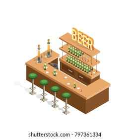 Isometric interior of beer bars on a white background. Sale of alcoholic beverages in bottles and cans.