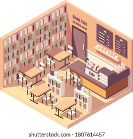 isometric interior of bookstore or library cafe