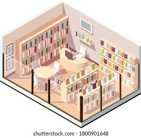 Isometric Interior Of Bookstore Or Library. Vector Illustration 