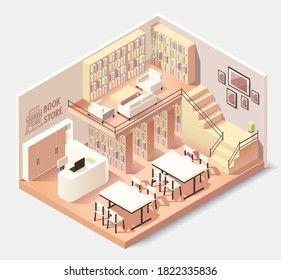 Isometric Interior Of Bookstore Or Library. Vector Illustration 