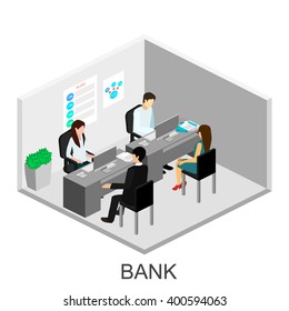 Isometric interior of cabinet in bank. 