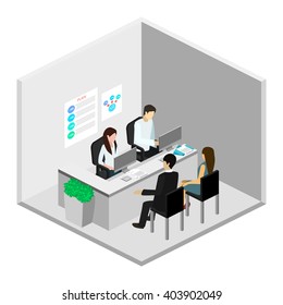 Isometric interior of cabinet in bank. 