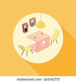 isometric interior of the cafe with bookshelves