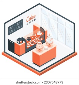 Isometrisches Interieur des Kuchenladens. flach 3D isometrische Design Innenkuchen oder Bäckerei. Kuchen am Tisch. Concept Illustration of the room. Vektorisometrische Bäckerei oder Café-Inneneinrichtung. Möbel lagern.